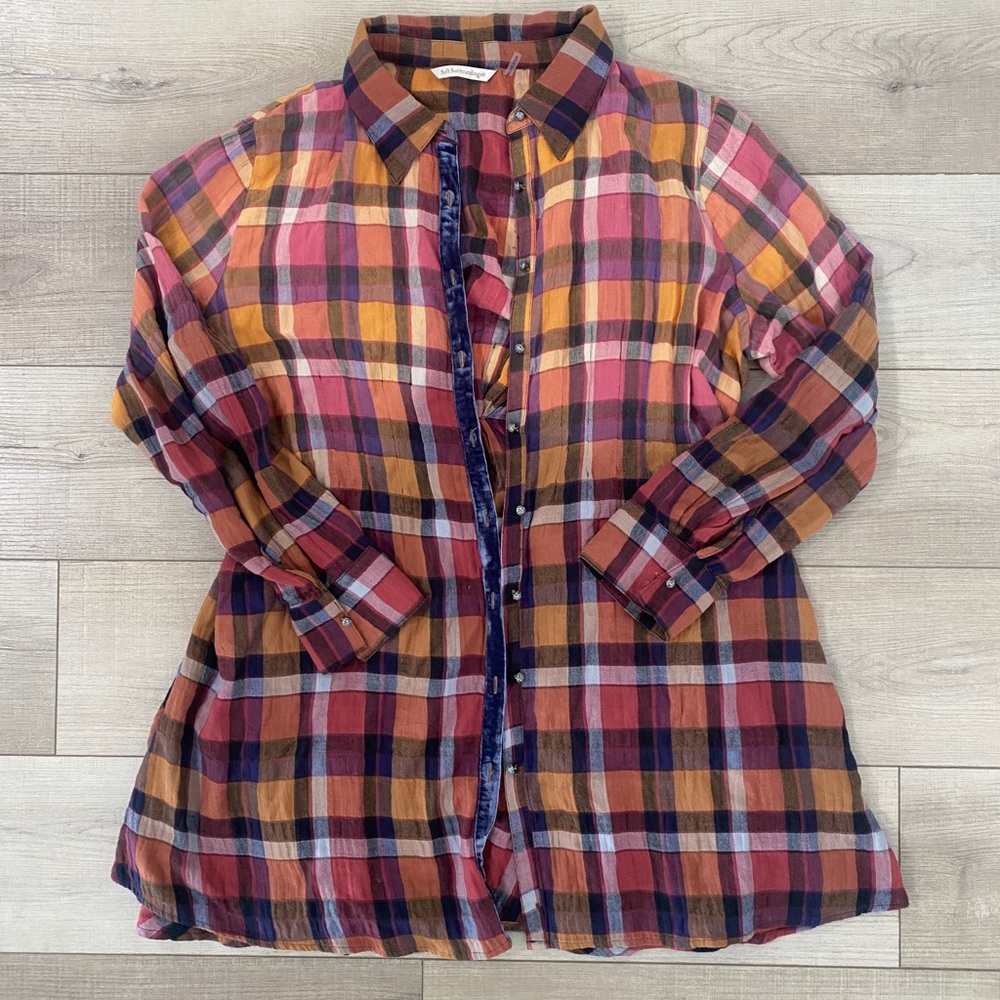 Soft Surroundings Plaid Orange Pink Cotton Blend Button Front Tunic